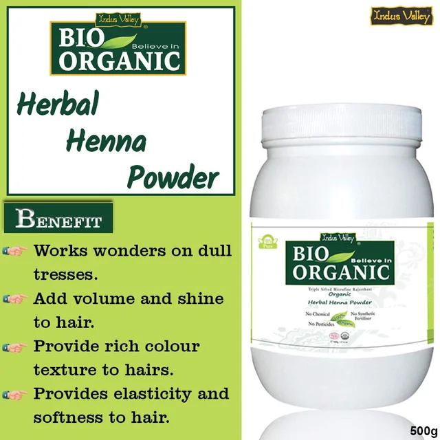 Indus Valley Bio Organic Herbal Henna Powder 500g | 100% Natural Henna for Hair Care | Herbal Hair Pack for Conditioning, Smoothness, Shine & Healthy-Looking Hair | DIY Hair Mask