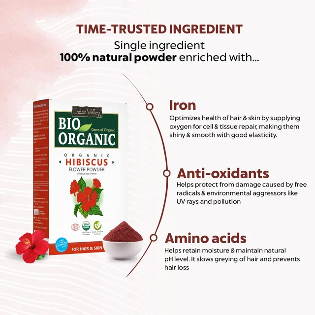 Indus Valley Bio Organic Hibiscus Flower Powder 100g | Pure Gudhal Ka Phool | Hibiscus Rosa-Sinensis for Face Pack, Hair Mask, Dull Hair, Dry Scalp & Skin Care