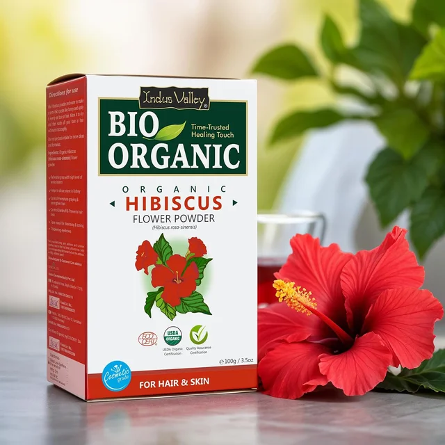 Indus Valley Bio Organic Hibiscus Flower Powder 100g | Pure Gudhal Ka Phool | Hibiscus Rosa-Sinensis for Face Pack, Hair Mask, Dull Hair, Dry Scalp & Skin Care