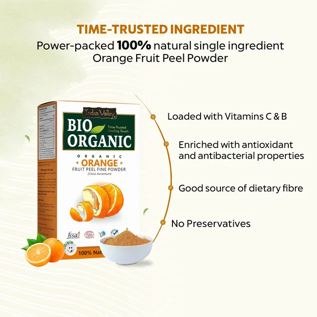 Indus Valley Bio Organic Orange Peel Fine Powder 100g | Pure Natural Orange Peel Powder | Vitamin C & Antioxidant Rich | Face Pack for Glow, Tan & Skin Care