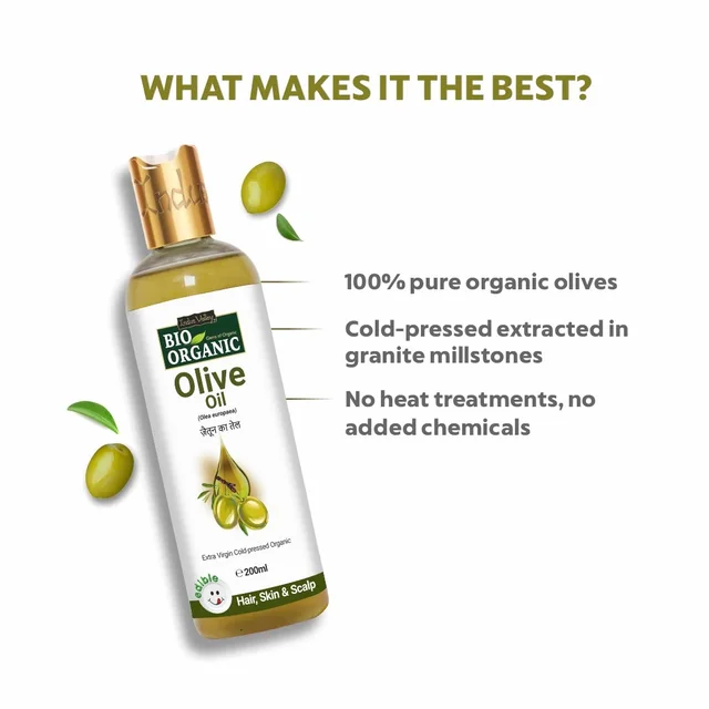 Indus Valley Bio Organic Pure Extra Virgin Olive Oil 200ml | 100% Organic & Cold-Pressed | Baby Skin Massage & Hair Care Oil