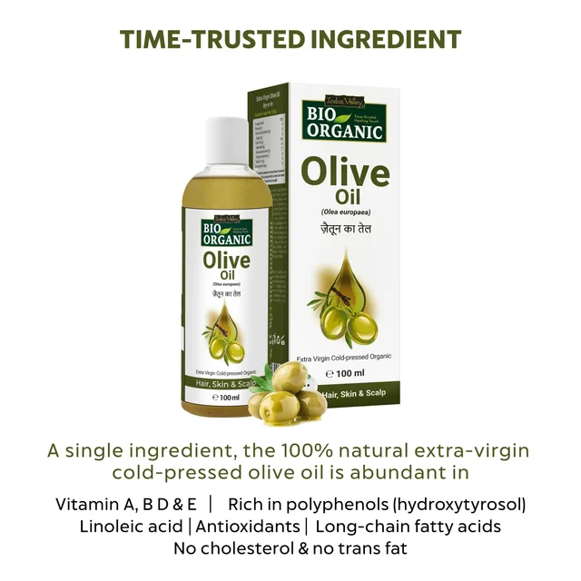 Indus Valley Bio Organic Pure Extra Virgin Olive Oil 100ml | 100% Organic & Cold-Pressed | Baby Skin Massage & Hair Care Oil