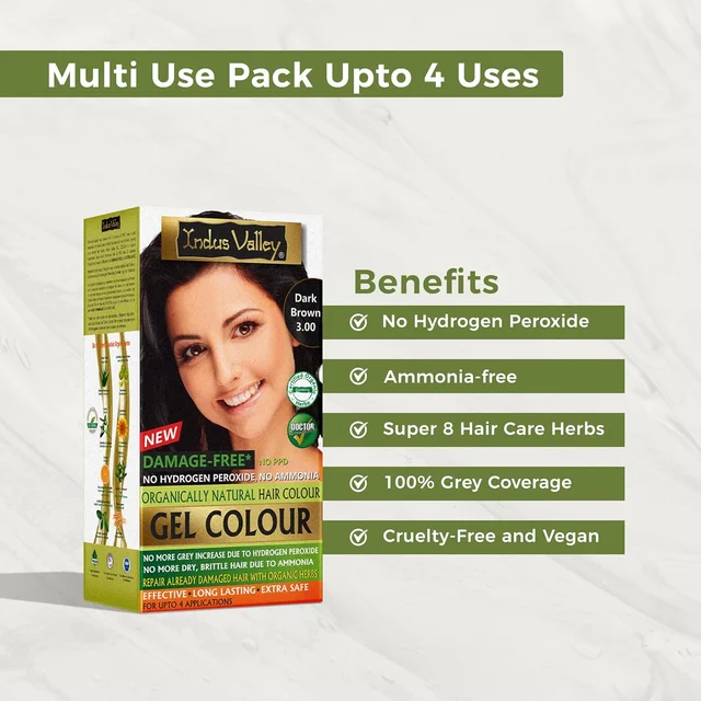 Indus Valley INDUS VALLEY Damage Free Natural Gel Hair Colour 220ml Dark Brown 3.00 for Women & Men | 100% Grey Coverage | Ammonia & PPD Free Herbal Organic Conditioning Hair Color