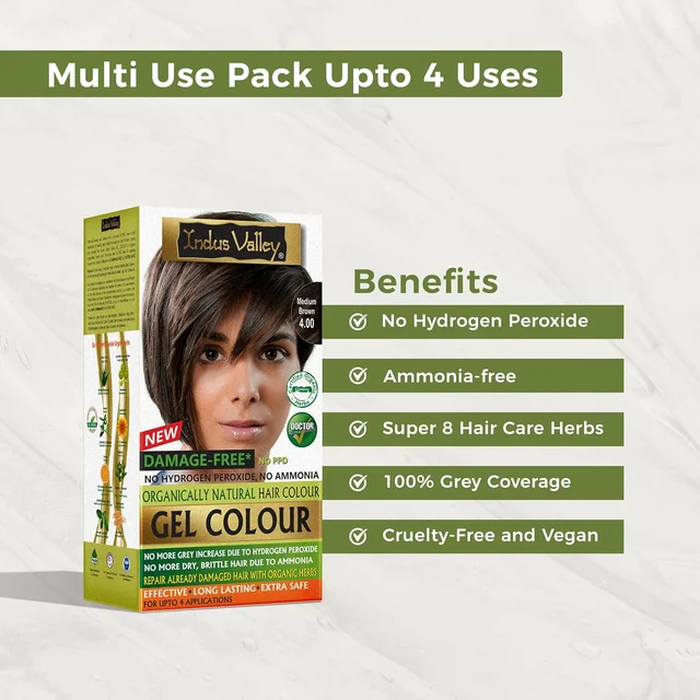 Indus Valley INDUS VALLEY Damage Free Natural Gel Hair Colour 220ml Medium Brown 4.00 for Women & Men | 100% Grey Coverage | Ammonia & PPD Free Herbal Organic Conditioning Hair Color