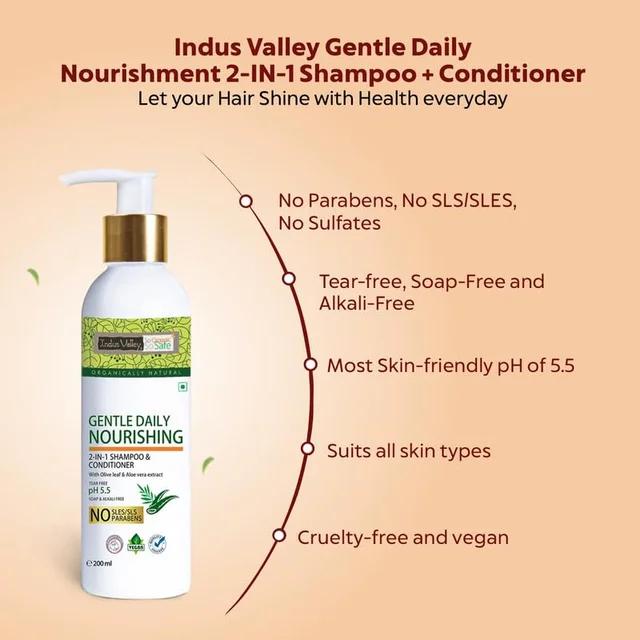 Indus Valley Gentle Daily Care Shampoo & Conditioner 200ml | Mild 2-in-1 Hair Care Formula for Gentle Cleansing, Conditioning, Softness, Smoothness & Fresh-Looking Hair