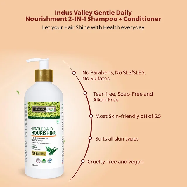 Indus Valley Gentle Daily Care Shampoo & Conditioner 500ml | Mild 2-in-1 Hair Care Formula for Gentle Cleansing, Conditioning, Softness, Smoothness & Fresh-Looking Hair