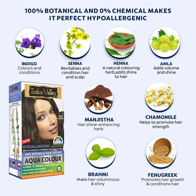 Indus Valley Hypo Allergic Aqua Colour 100% Botanical Hair Colour 30ml + 200g, Dark Brown | PPD-Free, Ammonia-Free, Herbal Hair Dye for Grey Coverage