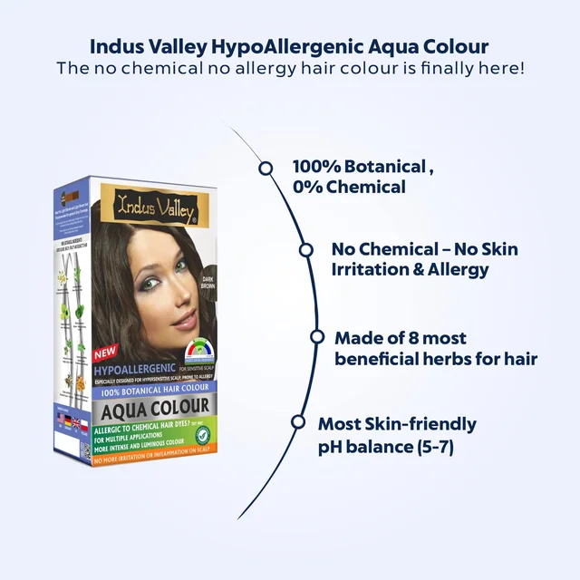 Indus Valley Hypo Allergic Aqua Colour 100% Botanical Hair Colour 30ml + 200g, Dark Brown | PPD-Free, Ammonia-Free, Herbal Hair Dye for Grey Coverage