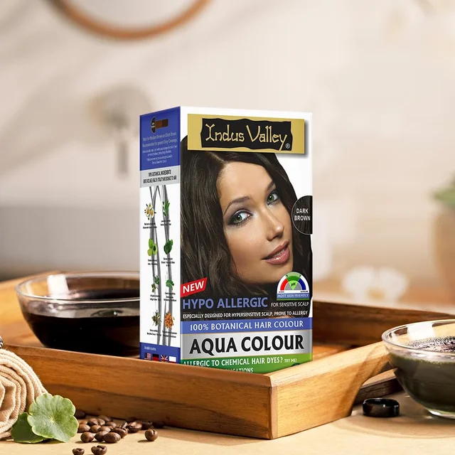 Indus Valley Hypo Allergic Aqua Colour 100% Botanical Hair Colour 30ml + 200g, Dark Brown | PPD-Free, Ammonia-Free, Herbal Hair Dye for Grey Coverage