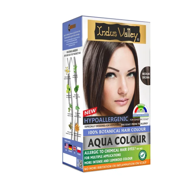 Indus Valley Hypo Allergic Aqua Colour 100% Botanical Hair Colour 30ml + 200g, Medium Brown | PPD-Free, Ammonia-Free, Herbal Hair Dye for Grey Coverage
