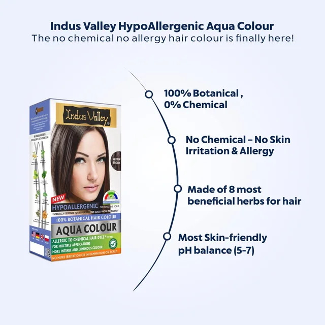 Indus Valley Hypo Allergic Aqua Colour 100% Botanical Hair Colour 30ml + 200g, Medium Brown | PPD-Free, Ammonia-Free, Herbal Hair Dye for Grey Coverage