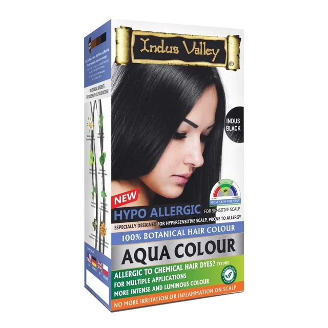 Indus Valley Hypo Allergic Aqua Colour 100% Botanical Hair Colour 30ml + 200g, Indus Black | PPD-Free, Ammonia-Free, Herbal Hair Dye for Grey Coverage
