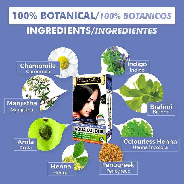 Indus Valley Hypo Allergic Aqua Colour 100% Botanical Hair Colour 30ml + 200g, Indus Black | PPD-Free, Ammonia-Free, Herbal Hair Dye for Grey Coverage