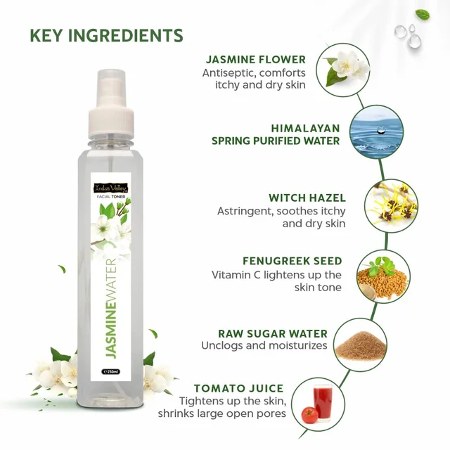 Indus Valley Natural Jasmine Water Facial Toner 250ml | Chemical-Free Jasmine Hydrosol for Hydration, Pore Care, Skin Brightening, Refreshing Glow & Daily Face Care
