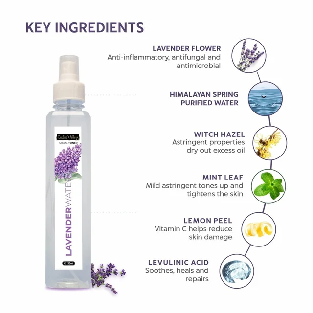Indus Valley Natural Lavender Water Facial Toner 250ml | Chemical-Free Lavender Floral Water for Face & Skin | Refreshing Hydrating Toner for Daily Skincare, Glow & Skin Freshness