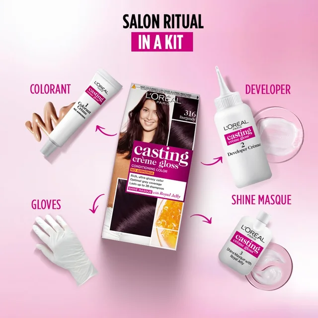 Loreal Professionnel Loreal Paris Casting Creme Gloss Burgundy 316 Conditioning Hair Color - 87.5g+72ml | No Ammonia | Rich, Ultra Glossy Color | Optical Grey Coverage | Long-Lasting Color| Honey-Infused Conditioner | Salon Like Hair At-home