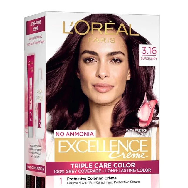 Loreal Professionnel Loreal Paris Excellence Creme Burgundy 3.16 | 72ml+100g | Triple Care Hair Color | 100% Grey Coverage | Long Lasting Color | Permanent Hair Color for Shiny, Healthy Hair | Vibrant Burgundy Hair Color | Shade -