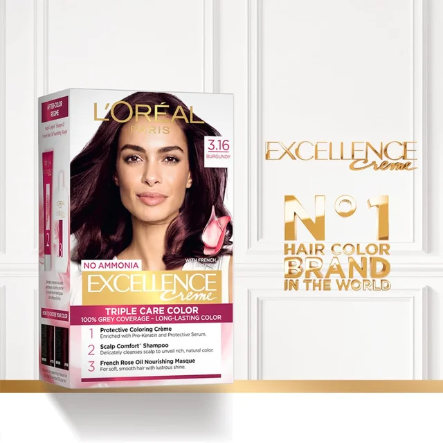 Loreal Professionnel Loreal Paris Excellence Creme Burgundy 3.16 | 72ml+100g | Triple Care Hair Color | 100% Grey Coverage | Long Lasting Color | Permanent Hair Color for Shiny, Healthy Hair | Vibrant Burgundy Hair Color | Shade -