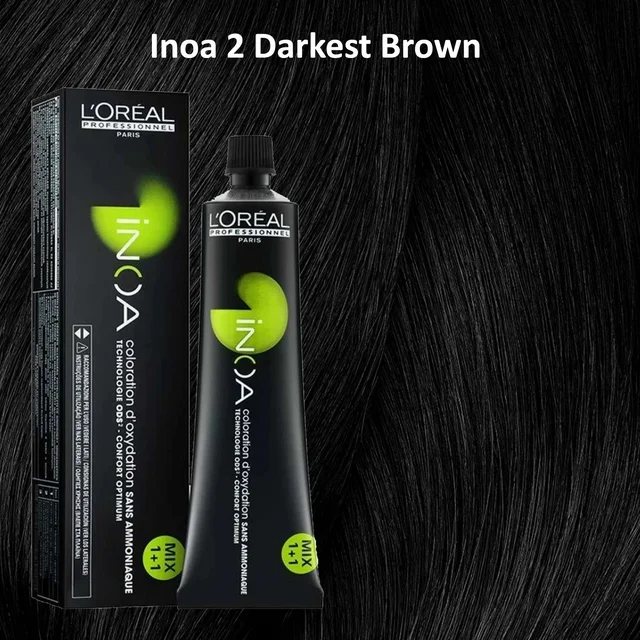 Loreal INOA Hair Color 2 Darkest Brown 60g Ammonia-Free Permanent Hair Dye Deep Brown Shade 100% Grey Coverage