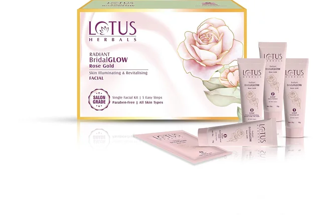 Lotus Herbals Radiant BridalGLOW Rose Gold Skin Illuminating Facial Kit 228g | 4 in 1 Facial Pack | 5 Easy Steps | Brighten and Rejuvenate Your Skin | All Skin Types |