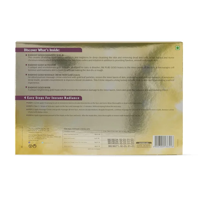 Lotus Herbals Radiant Gold 4-in-1 Facial Kit | 24K Gold Glow & Radiance | Revitalizes dull skin | 4 Easy Steps | leaving skin soft and supple