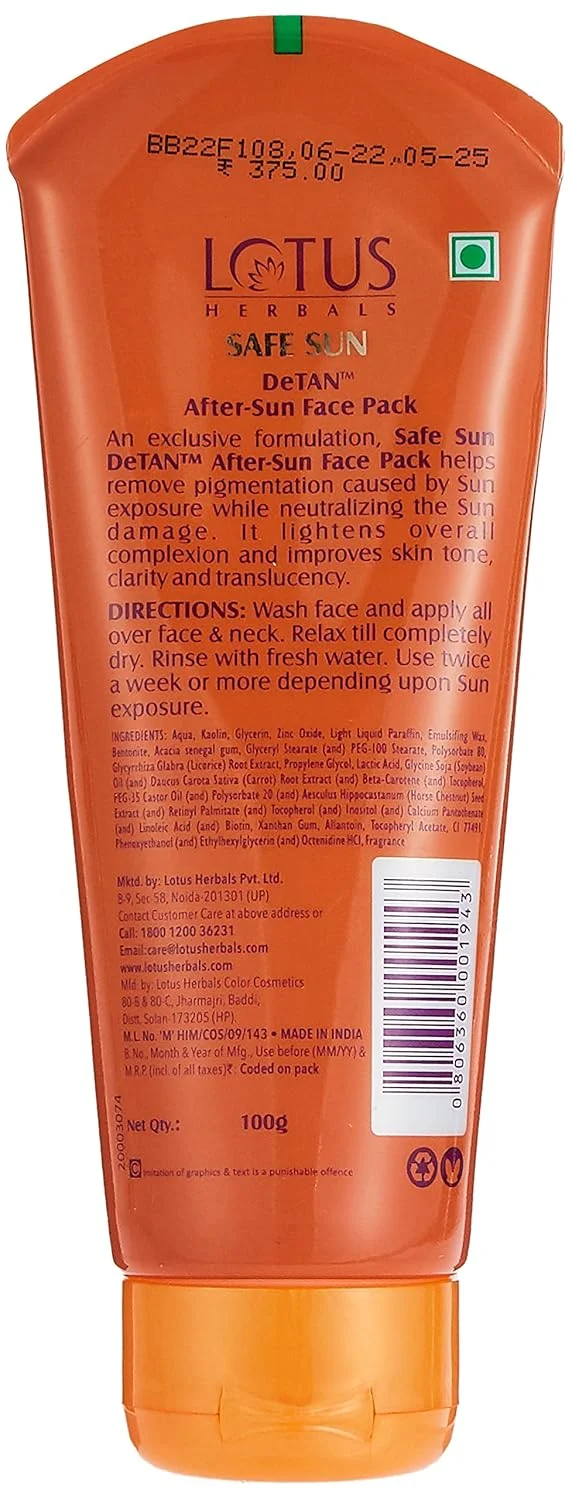 Lotus Herbals Safe Sun Detan After-Sun Face Pack, 100 gm
