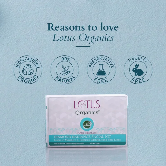 Lotus Organics Diamond Radiance Facial Kit 54g Pack Of 4| With 100% Certified Plant Ceramide & Diamond Dust | Deep Hydration, Anti-Ageing & Skin Tightening | All Skin Types