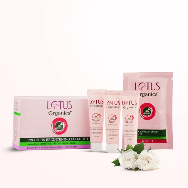 Lotus Organics+ Precious Brightening Facial Kit 54g x 4| With 4 Steps for Instant Bright & Glowing Skin | Enriched with 100% Certified Organic Actives | For Men & Women