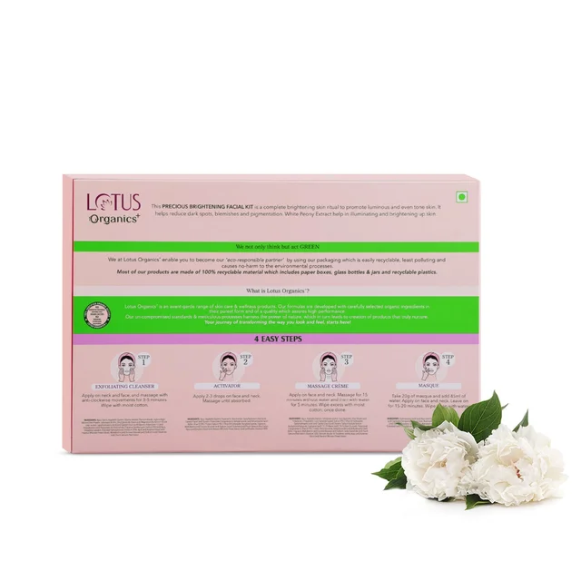 Lotus Organics+ Precious Brightening Facial Kit 54g x 4| With 4 Steps for Instant Bright & Glowing Skin | Enriched with 100% Certified Organic Actives | For Men & Women
