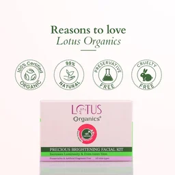 Lotus Organics+ Precious Brightening Facial Kit 54g x 4| With 4 Steps for Instant Bright & Glowing Skin | Enriched with 100% Certified Organic Actives | For Men & Women