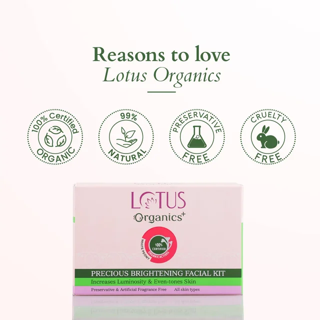 Lotus Organics+ Precious Brightening Facial Kit 54g x 4| With 4 Steps for Instant Bright & Glowing Skin | Enriched with 100% Certified Organic Actives | For Men & Women