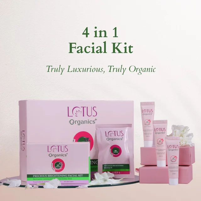 Lotus Organics+ Precious Brightening Facial Kit 54g x 4| With 4 Steps for Instant Bright & Glowing Skin | Enriched with 100% Certified Organic Actives | For Men & Women