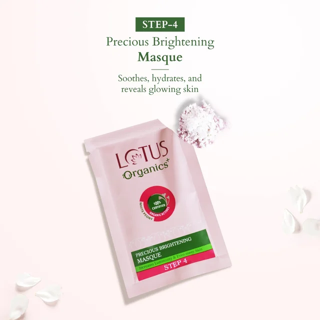 Lotus Organics+ Precious Brightening Facial Kit 54g x 4| With 4 Steps for Instant Bright & Glowing Skin | Enriched with 100% Certified Organic Actives | For Men & Women