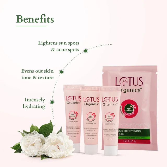 Lotus Organics+ Precious Brightening Facial Kit 54g x 4| With 4 Steps for Instant Bright & Glowing Skin | Enriched with 100% Certified Organic Actives | For Men & Women