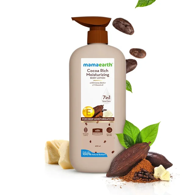 Mamaearth Cocoa Rich Moisturizing Body Lotion | with Cocoa Butter & VitaminE | for Deep 48H Moisturization | For Very Dry Skin | 7in1 Total Care | Made with 100% Natural Butter | Non-Greasy Formula | Natural ingredients body lotion | 400ml