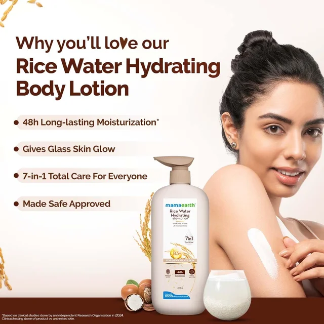 Mamaearth Rice Water Hydrating Body Lotion | with Rice Water & Niacinamide | for Dewy Glass Skin | 48H Moisturization | For Very Dry Skin | 7in1 Total Care | Made with 100% Natural Butter | Non-Greasy Formula | Natural ingredients body lotion | for Soft, Supple Skin |400ml