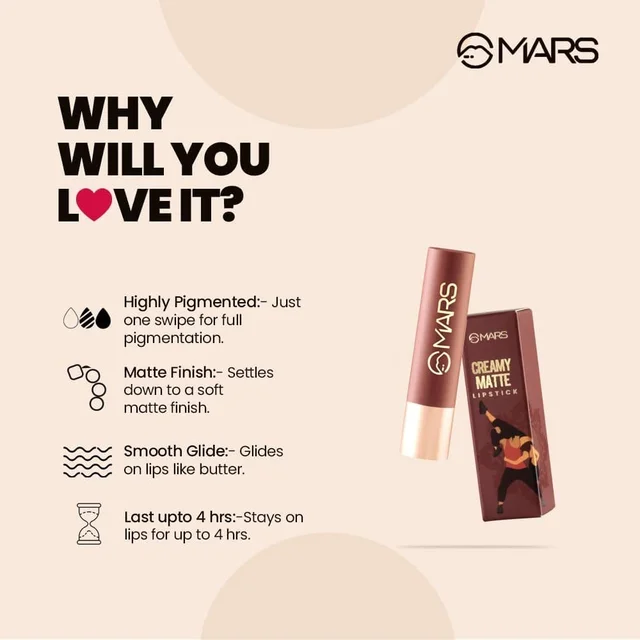 Mars MARS Creamy Matte Long-Lasting Lipstick for Women 3.2g (Shade 16-Berrylicious Ballet)| Smooth & Lightweight | Single Swipe Application