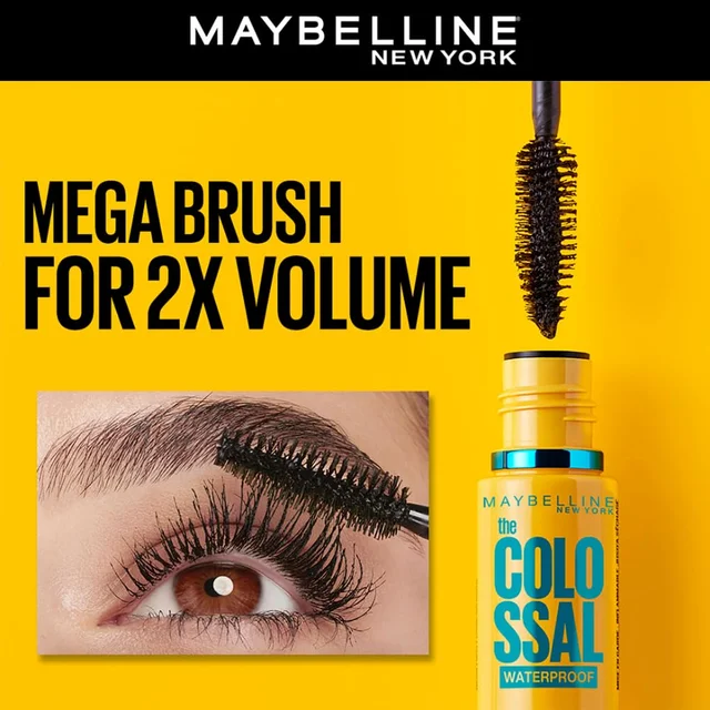 Maybelline New York Colossal Waterproof Mascara 10 ml | Volumizing & Lengthening Black Mascara | Smudge-Proof, Long-Wear | Mega Volume Brush for Bold | Dramatic Lashes