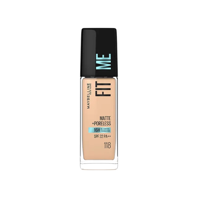 Maybelline New York Fit Me Matte + Poreless Foundation 30ml with 118 Light Beige | Lightweight, Natural Matte Finish | Minimizes Pores, Controls Shine & Blends Seamlessly for Daily Indian Skin Makeup