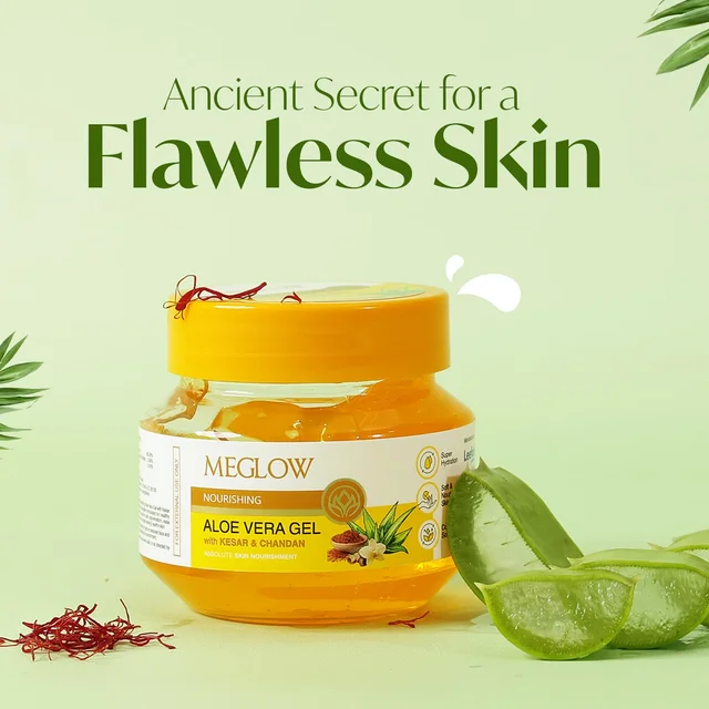 Meglow Nourishing Aloe Vera Gel 100g with Kesar Chandan | Pure Organic Aloe Vera Gel for Face | Ayurvedic Formula for Skin Nourishment & Glow