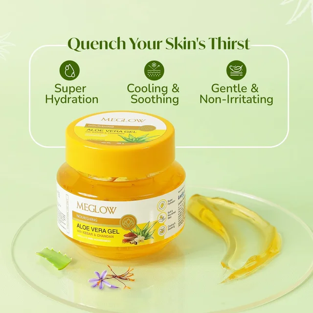 Meglow Nourishing Aloe Vera Gel 100g with Kesar Chandan | Pure Organic Aloe Vera Gel for Face | Ayurvedic Formula for Skin Nourishment & Glow