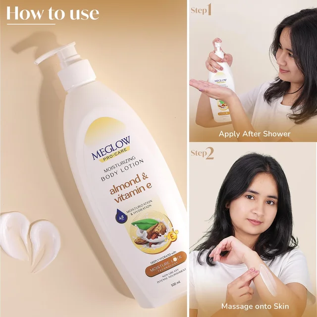 Meglow Pro-Care Moisturizing Body Lotion 500ml For Women & Men | Almond & Vitamin E Enriched | Deep Hydration for Nourished, Smooth Skin