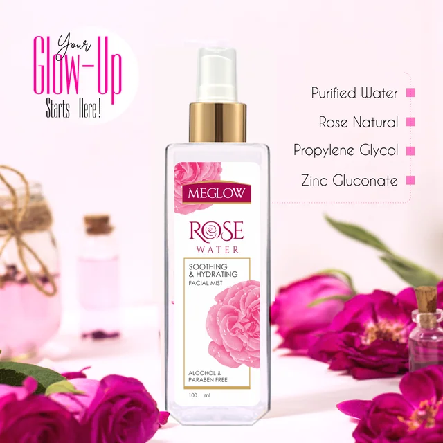 Meglow Rose Water Toner 100ml for Face - Alcohol & Paraben-Free | Hydrating & Soothing | Refreshing Facial Toner | All Skin Types, Tightens Pores & Brightens Skin
