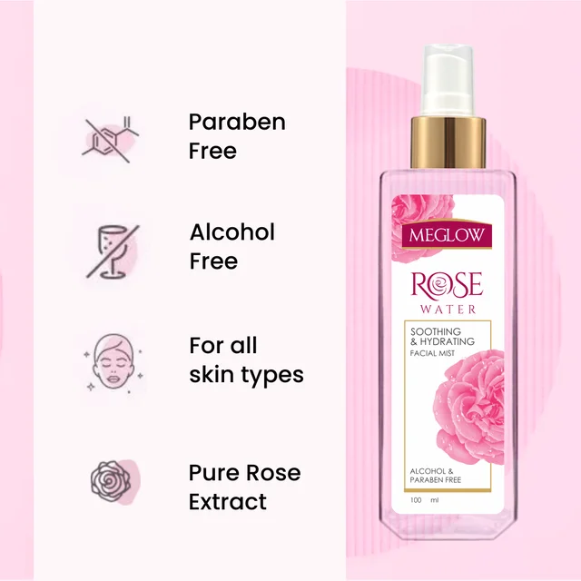 Meglow Rose Water Toner 100ml for Face - Alcohol & Paraben-Free | Hydrating & Soothing | Refreshing Facial Toner | All Skin Types, Tightens Pores & Brightens Skin