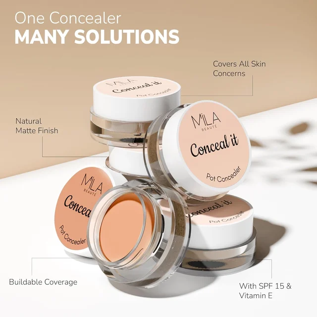 Mila Beaute Conceal It Pot Concealer with Brush (01 Rich Vanilla), 4g with Full Coverage & Lightweight | SPF 15 & Vitamin E, Matte Finish | Crease-Free & Long-Lasting Wear