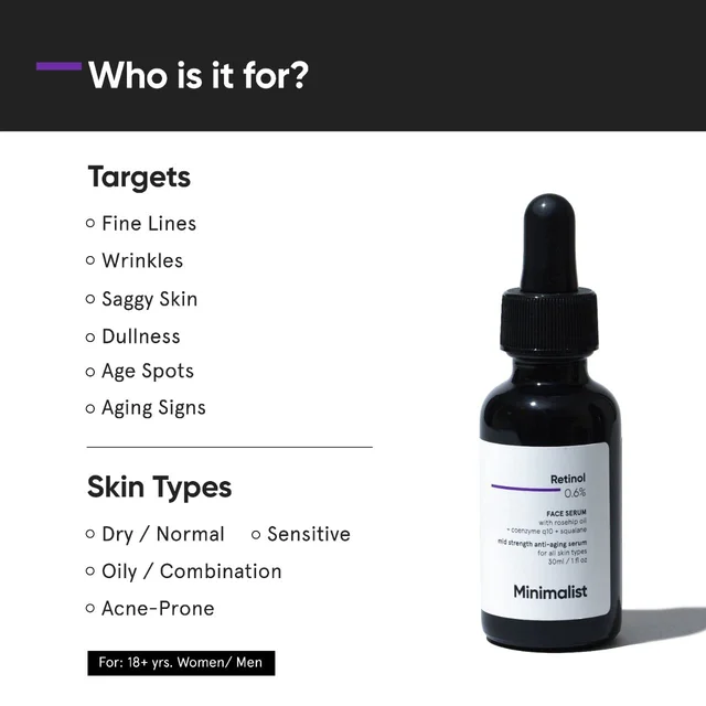 Minimalist 0.6% Retinol Face Serum 30 ml | With Rosehip Oil, Coenzyme Q10 & Squalane | Mid-Strength Anti-Aging Serum | Reduces Fine Lines & Wrinkles | All Skin Types