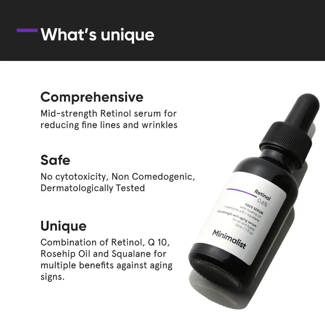 Minimalist 0.6% Retinol Face Serum 30 ml | With Rosehip Oil, Coenzyme Q10 & Squalane | Mid-Strength Anti-Aging Serum | Reduces Fine Lines & Wrinkles | All Skin Types