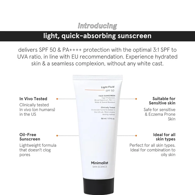 Minimalist Light Fluid Sunscreen SPF 50 PA++++ 50ml | Broad Spectrum UVA & UVB Protection | Clinically Tested in US | Lightweight, No White Cast, Water & Sweat Resistant