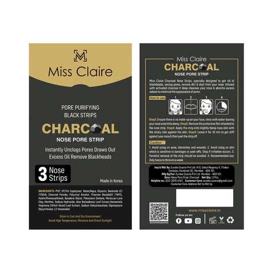 Miss Claire Charcoal Nose Strip 1.2g | Deep Cleansing Blackhead Remover Strip | Activated Charcoal Pore Strip for Nose | Removes Dirt, Oil & Whiteheads | Smooth Clear Skin