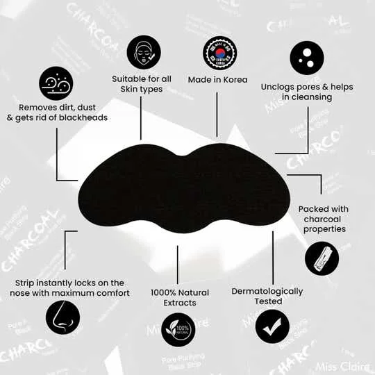 Miss Claire Charcoal Nose Strip 1.2g | Deep Cleansing Blackhead Remover Strip | Activated Charcoal Pore Strip for Nose | Removes Dirt, Oil & Whiteheads | Smooth Clear Skin